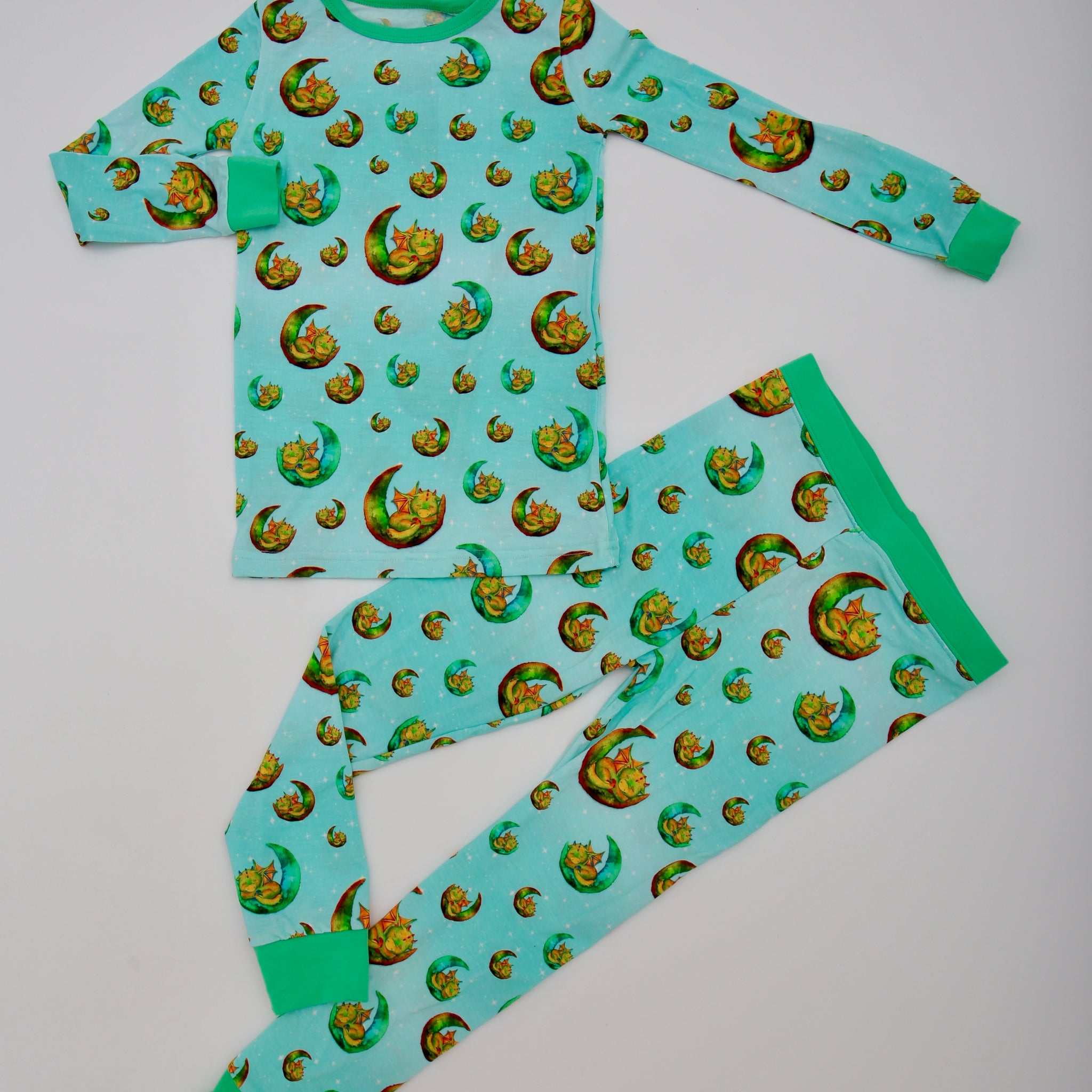 Green Baby DragonTwo Piece Long Sleeve Pajamas