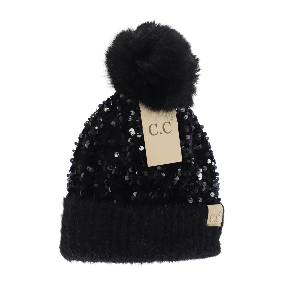 Sequin beanie pom kids